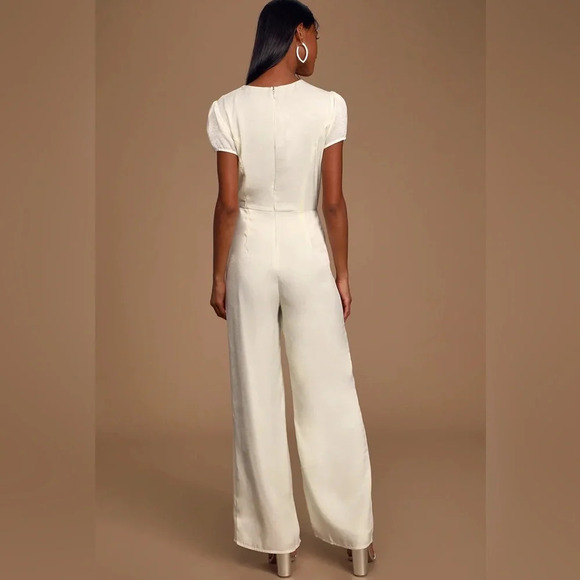 NWT Lulus Key Me Entertain You Ivory Satin Wide Leg Jumpsuit - Picture 2 of 14